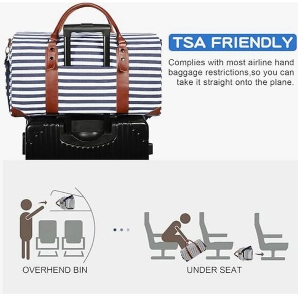 Striped Blue and White Travel Bag with Brown Accents - Picture 6 of 7